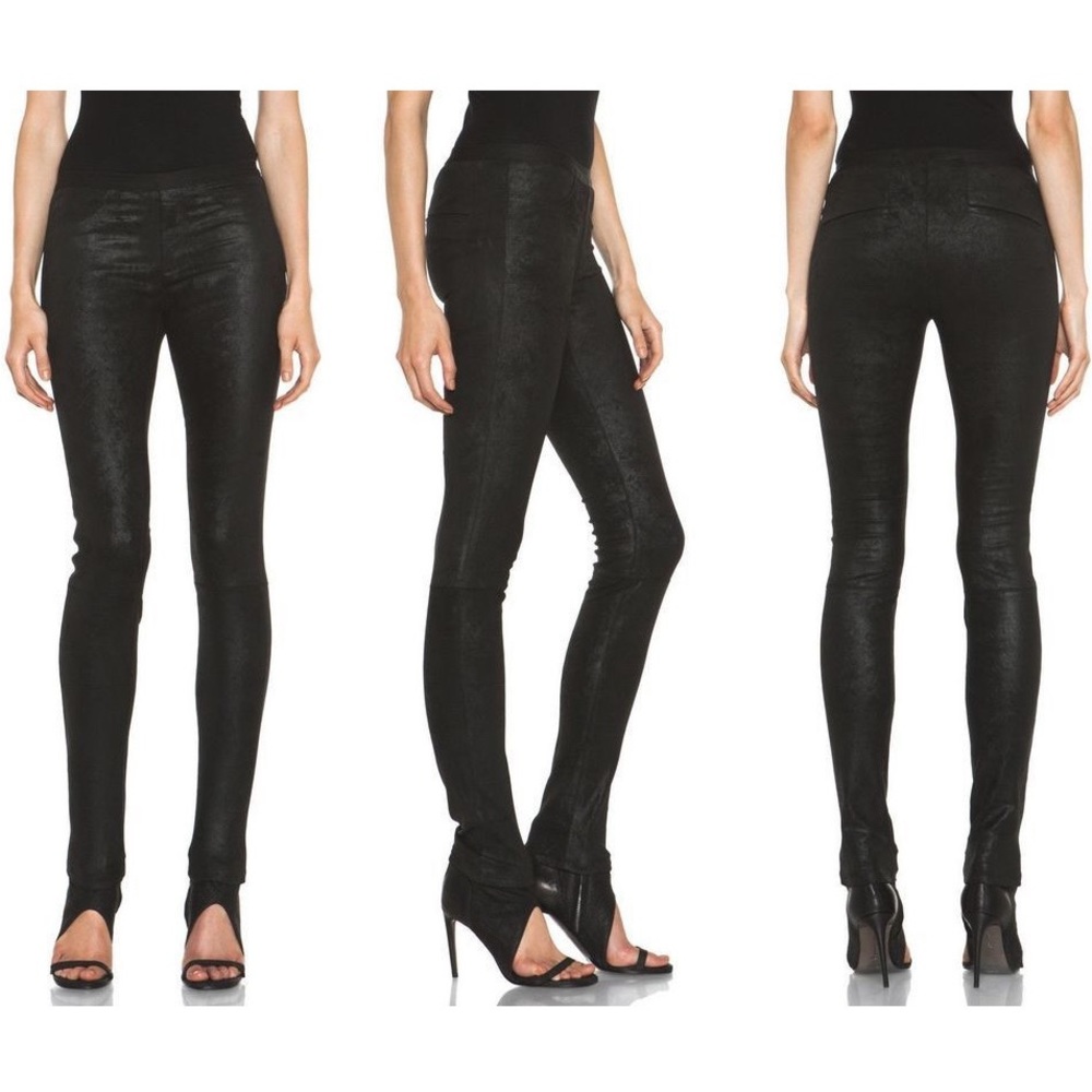 Helmut Lang Black Patina Suede Lamb Stretch Leather Leggings Pants Women’s Small